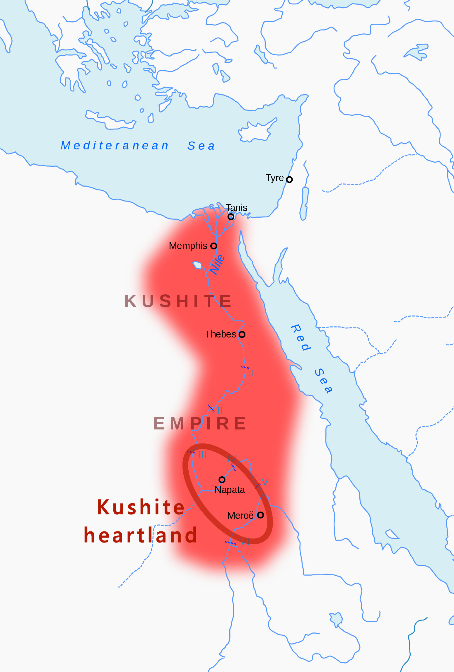 Map showing the Mediterranean and Red Seas, the Nile River, and the Kushite Empire's territory around 700 BCE, stretching from Memphis and Thebes in Egypt south through Napata and Meroë, with the core Kushite heartland circled around those two cities