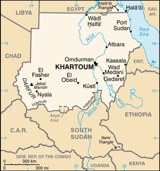 Modern political map of Sudan, showing Khartoum, Atbara, and the Nile and Blue Nile rivers, with Egypt labeled at the northern border