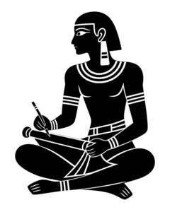 Illustration of a scribe seated cross-legged, writing